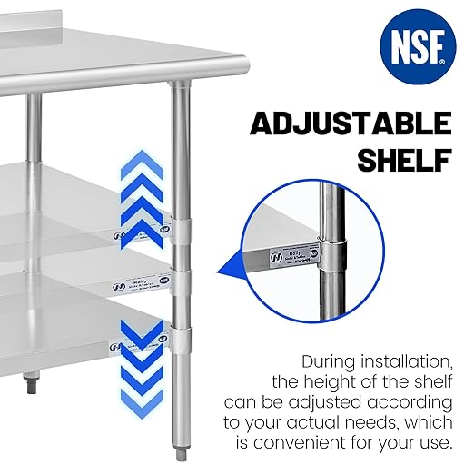 Hally Stainless Steel Table for Prep & Work 14 x 72 Inches, NSF Commercial Heavy Duty Table with Undershelf and Backsplash for Restaurant, Home and Hotel