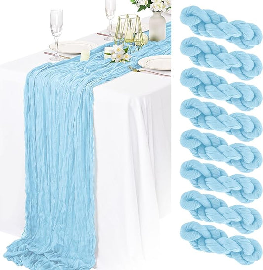 8 Packs Cheesecloth Table Runner 10FT Long Boho Gauze Fabric Table Runner Vintage Rustic Sheer Runners for Wedding Party Bridal Baby Shower Table Decorations (Light Blue)