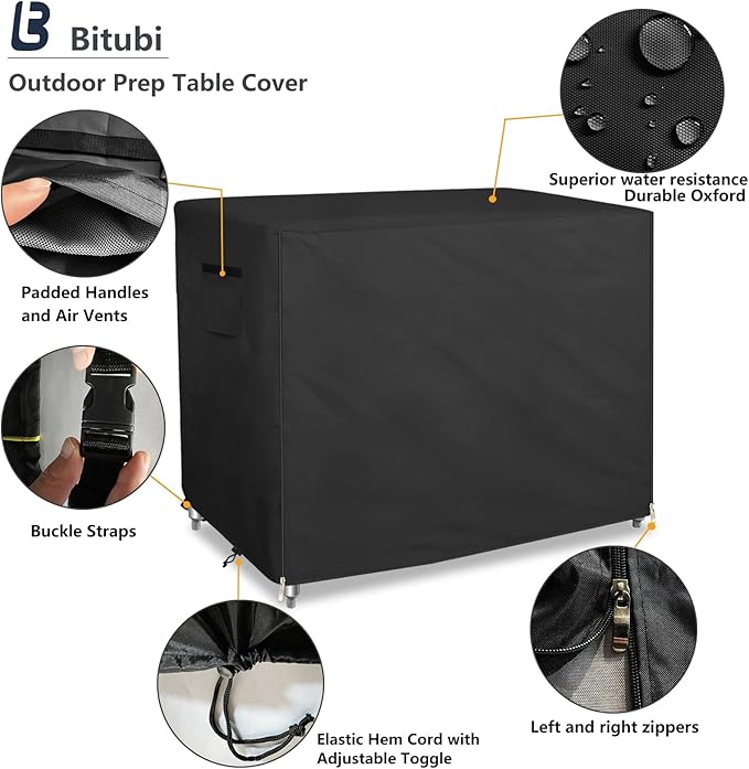 Bitubi 48 Inch Outdoor Prep Table Cover with Split Zipper, Heavy Duty Waterproof Stainless Steel Prep & Work Table Cover for Patio Table - 48''L x 30''W x 35''H (Black)