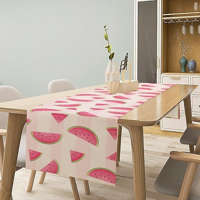 Fruits Table Runner, Tasty Summer Fruit Watermelon Stripes Fun Art Print Table Runner for Kitchen Dining Party Holiday Home 13x90in