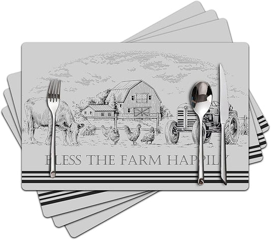Farm Placemats Set of 4 - Farmhouse Heat Resistant Placemats for Dinner Table, Non-Slip Waterproof Oil-Proof Washable Reusable Placemat for Indoor Outdoor Kitchen Decor, 15.75In*11.81In