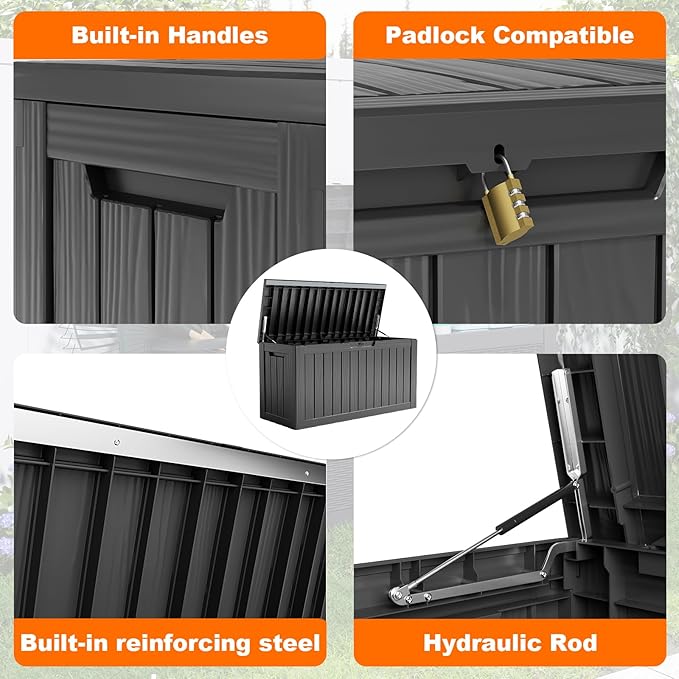 90 Gallon Deck Box,Resin Outdoor Storage Box with Lockable for Patio Furniture, Pool Accessories, Garden Tools Waterproof Outside Storage Box, Black