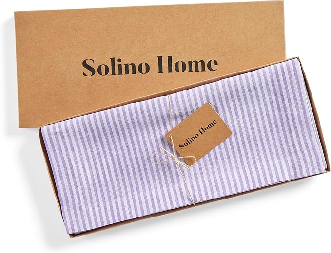 Solino Home Linen Striped Table Runner 132 Inches Long - Narrow Stripe 100% Pure Linen Lavender and White Dining Table Runner 14 x 132 Inch for Valentines, Spring, Easter