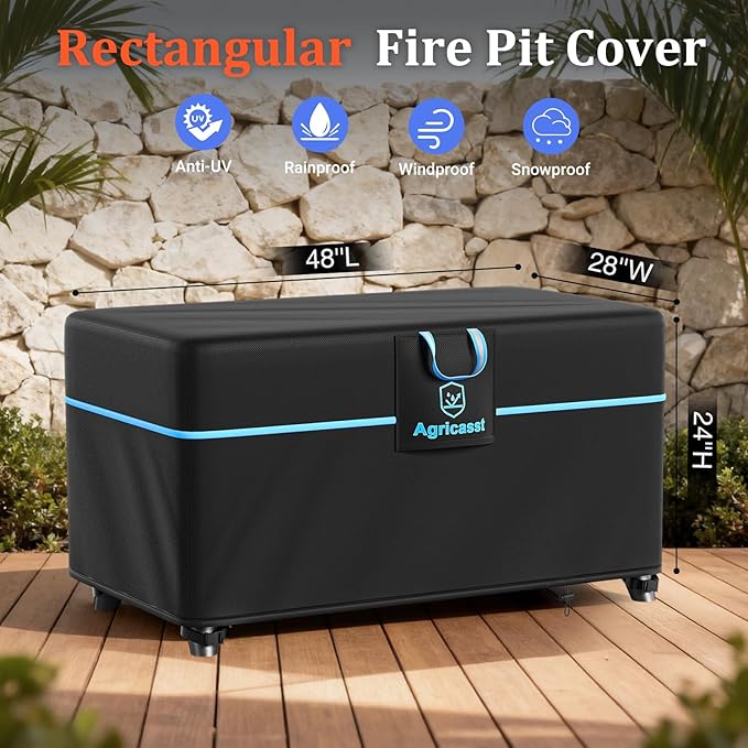 Fire Pit Cover Rectangular 48 Inch for 45''- 48'' Fire Pit, 600D Heavy Duty Firepit Cover Waterproof Fire Table Cover with Air Vent, 4 Windproof Buckles, Drawstring - 48''L x 28''W x 24''H