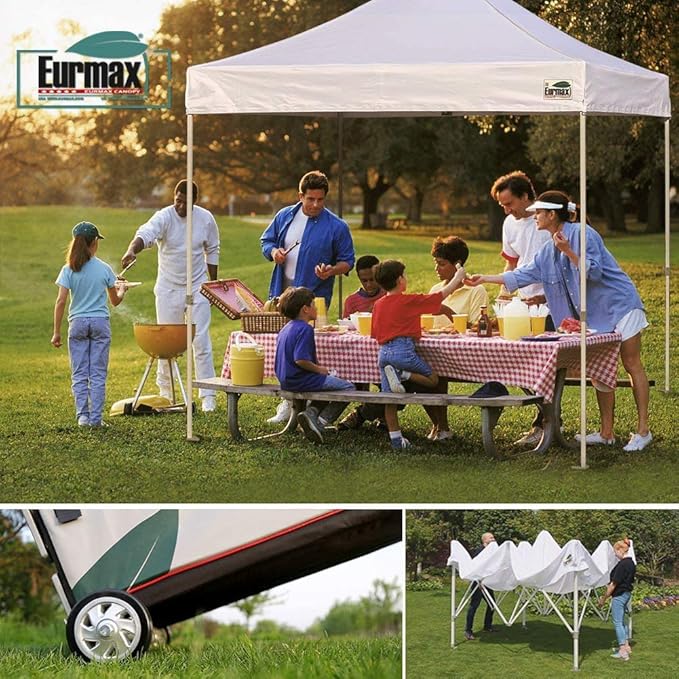 Eurmax USA 8'x12' Pop Up Canopy Tent Commercial Instant Canopies with Heavy Duty Roller Bag,Bonus 4 Sand Weights Bags (Beige)