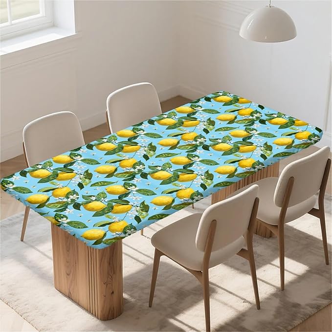 Rectangle Table Cloth Cover Waterproof Elastic Fitted Polyester Fitted Tablecloths for 8 Foot Tables for Indoor,Picnic, Camping, Outdoor （96" x 30"，Lemon）
