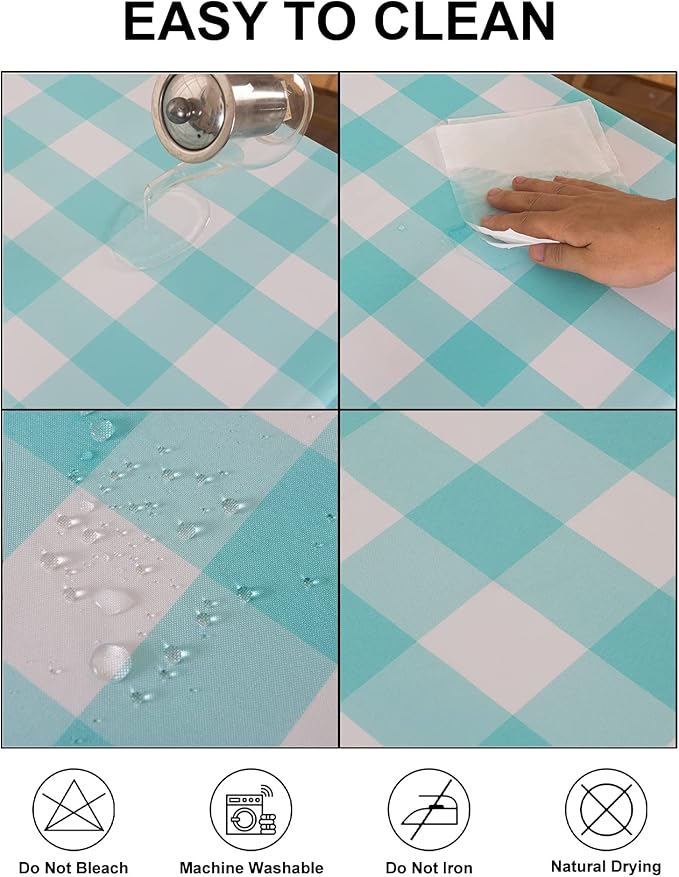 Cupuamon 2 Pack Waterproof Polyester Fabic Rectangle Checkered Tablecloth，60x120 Outdoor Table Cloth，Oil Stain Prevention Table Cloth for Pinics and Parties（Aqua and White）