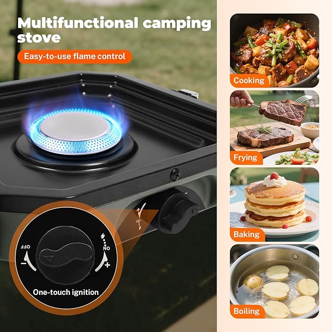 2 Burner Propane Camping Stove With Grill,Portable Foldable Camp Stove With 17000BTU, Two Piezo Ignition Adjustable Windproof Burners forCamping, Grilling, Tailgating, & More (Green)