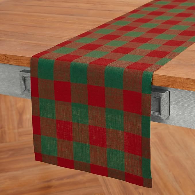 Solino Home Linen Checkered Table Runner 132 Inches Long - 100% Pure Linen Red and Green Buffalo Check Extra Long Table Runner 14 x 132 Inch Ideal for Dining