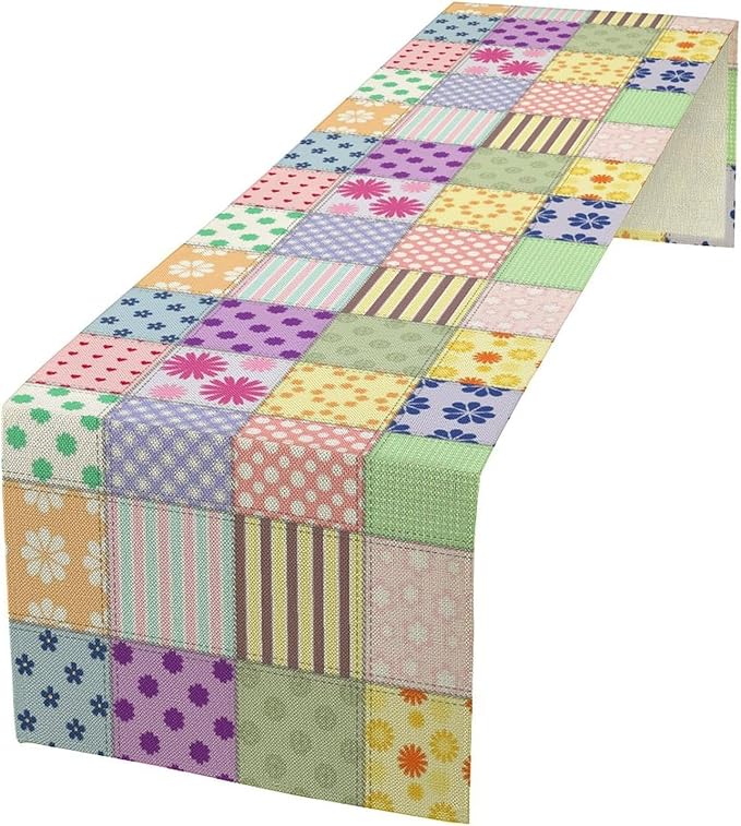 Patchwork Table Runner, Vintage Colorful Floral Plaid Tablecloth Table Runner for Indoors Outdoor Dining Kitchen Home Party 13x108in