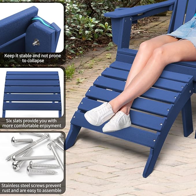 FUNBERRY Folding Adirondack Ottoman, HDPE All Weather Outdoor Foot Rest, Easy Storage Patio Footstool, Ottomans and Footstools for Outside