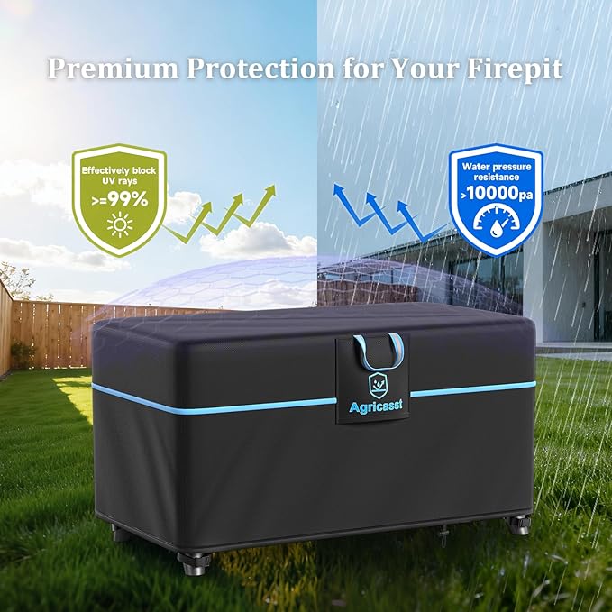 Fire Pit Cover Rectangular for 40''- 44'' Fire Pit, 600D Heavy Duty Firepit Cover Waterproof Fire Table Cover with Air Vent, Handle, 4 Windproof Buckles, Drawstring - 44''L x 26''W x 24''H