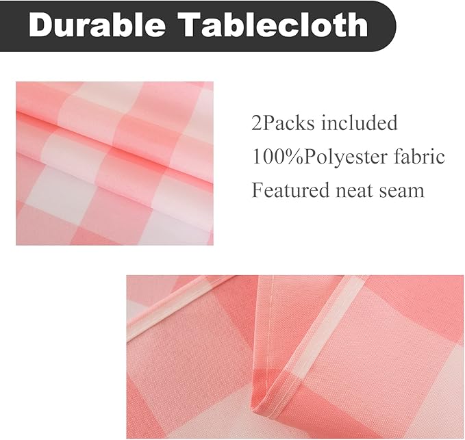 Cupuamon 2 Pack Waterproof Polyester Fabic Rectangle Checkered Tablecloth，60x84 Outdoor Table Cloth，Oil Stain Prevention Table Cloth for Pinics and Parties（Pink and White）