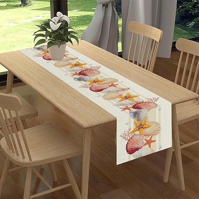 Coastal Table Runner, Yellow Coastal Starfish Coral Shell Pearl Beach Ocean Watercolor Summer Coffee Table Center Decor for Holiday Party Kitchen Outdoor Farmhouse Table Decorations, 13" X 108"