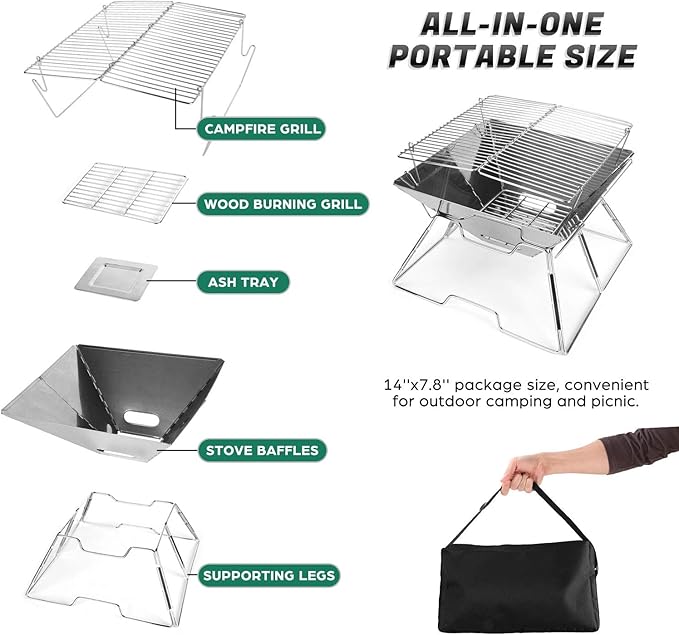 Odoland Folding Campfire Grill, 304 Stainless Steel Grate Barbeque Grill, Portable Camping Grill with Legs for Picnics, Backpacking, Outdoor with Carrying Bag and Kitchen Tongs