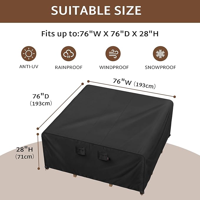 iBirdie Outdoor Patio Furniture Set Covers 76 x 76 inch Waterproof Weatherproof Square Cover, Heavy Duty 600D for Outside Dining Table and Chairs