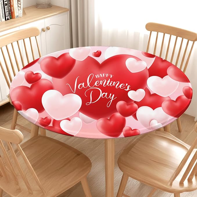 Valentines Day Round Fitted Tablecloth with Elastic Red White Love Heart Circle Table Cloth for 44-48" Round Tables Wipeable Waterproof Washable Valentine Table Cover for Picnic Dining Party Decor