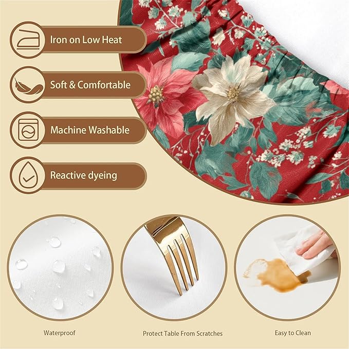 Rectangle Table Cloth Cover Waterproof Elastic Fitted Polyester Fitted Tablecloths for 8 Foot Tables for Indoor,Picnic, Camping, Outdoor （96" x 30"，Christmas Flowers）