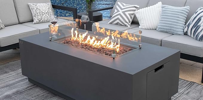 AMS Fireplace | Rectangular Fire Pit Glass Wind Guard for Sedona Fire Pit Table (Light Gray) | Protects Your Fire Table from Patio Heater Flames | Tempered Glass with Polished Edges for Safety