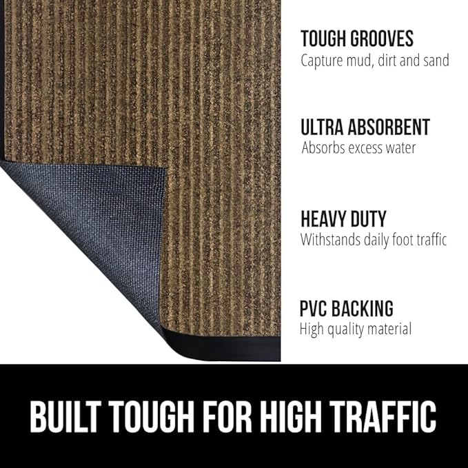 GORILLA GRIP Waterproof Traffic Guard Door Mat, Heavy Duty Entryway Mats, Strong Rubber Back Commercial Utility Rugs for Office Hallway, Garage Floor and Home, Low Profile Carpet Runner, 29x17, Brown