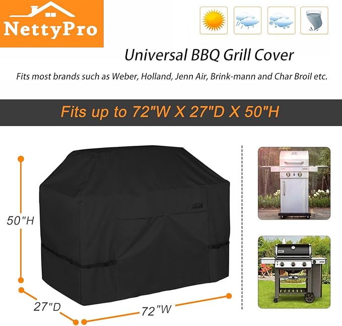 NettyPro Grill Cover for Outdoor Grill 72 inch Waterproof Heavy Duty Gas BBQ Grill Cover for Outside Weber, Char-Broil, Brinkmann, Jenn Air, Nexgrill 3-5 Burners Barbecue, Black