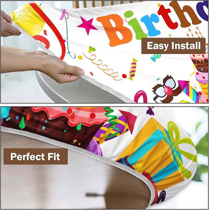 Birthday Round Fitted Tablecloth with Elastic Colorful Happy Birthday Party Circle Table Cover for 40-44" Round Tables Wipeable Waterproof Cake Balloons Gifts Table Cloth for Picnic Dining Patio Decor