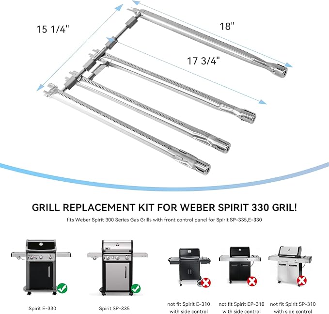 69787 Grill Burner for Weber Spirit 300 Series Spirit 330, Spirit 335 Grills with Front Mounted Control Knobs, 18 Inch Burner Tube kit for Spirit E-330 Spirit SP-335, 68948 65518 Replacement Parts