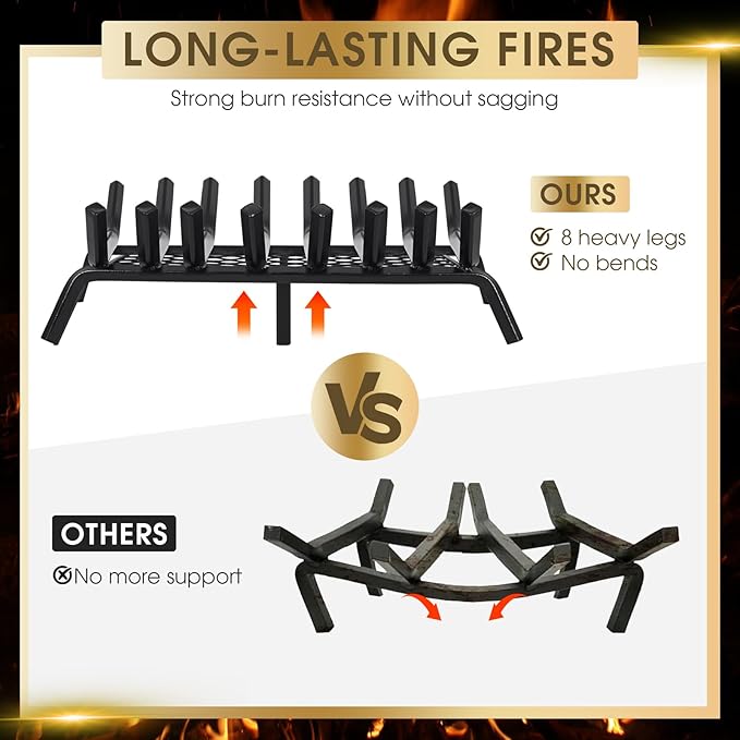 G GOOD GAIN Fireplace Grate with Ember Retainer, 28" Heavy Duty Steel Indoor, Chimney Hearth Wood Stove Rack Holder,1/2 Bar Fire Place Asseccories for Outdoor, Fire Pits, Camping.