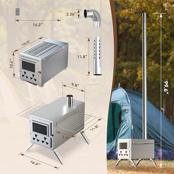 Hot Tent Stove, Camping Wood Burning Stove with 8 Stainless Chimney Pipes, Folding Portable Wood Stove for Tent, Outdoor Heating, Cooking, Ice Fishing, Hunting