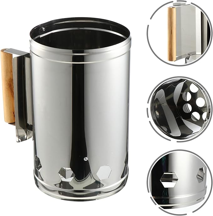 GANAZONO Quick Coal Starter Barrel BBQ Chimney Starter Grill Fire Starter with Heat Shield and Wooden Handle for Outdoor Barbecue Cooking