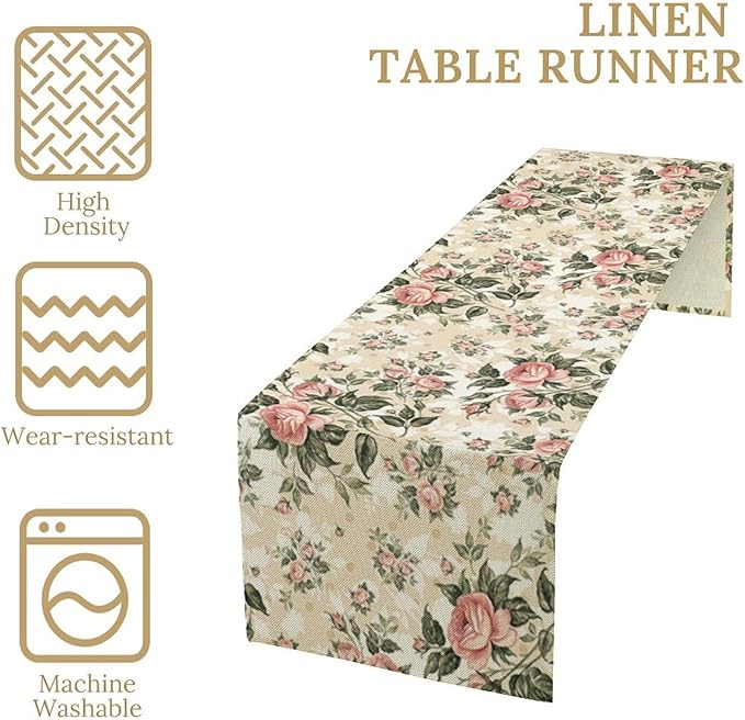 Rose Floral Table Runner,Vintage Watercolor Spring Summer Seasons Flowers Table Decoration for Wedding Holiday Indoor Outdoor Home Party 13x70in