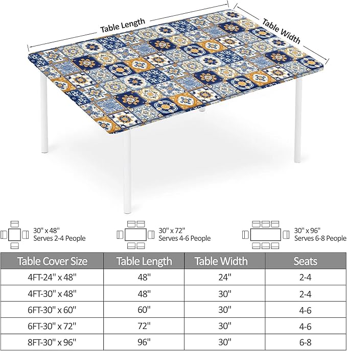 Rectangle Table Cloth Cover Waterproof Elastic Fitted Polyester Fitted Tablecloths for 6 Foot Tables for Indoor,Picnic, Camping, Outdoor （72" x 30"，Bohemian Style）
