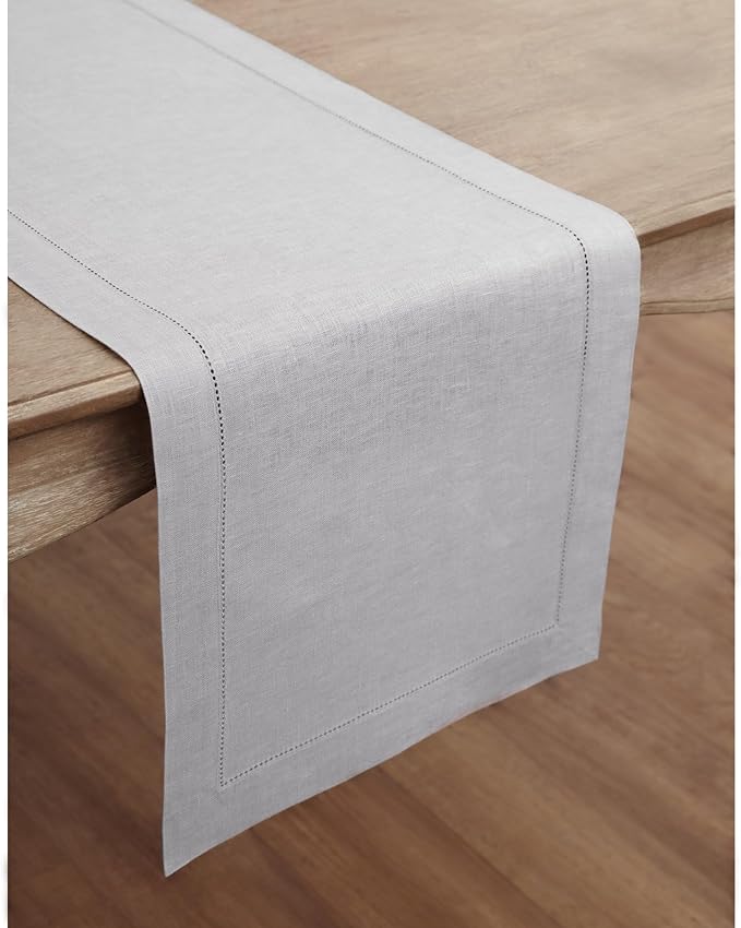 Solino Home Linen Soft Grey Table Runner 72 Inches Long - 100% Pure Linen Hemstitch Table Runner 14 x 72 Inch for Dresser, Dining, Spring, Easter - Classic Hemstitch