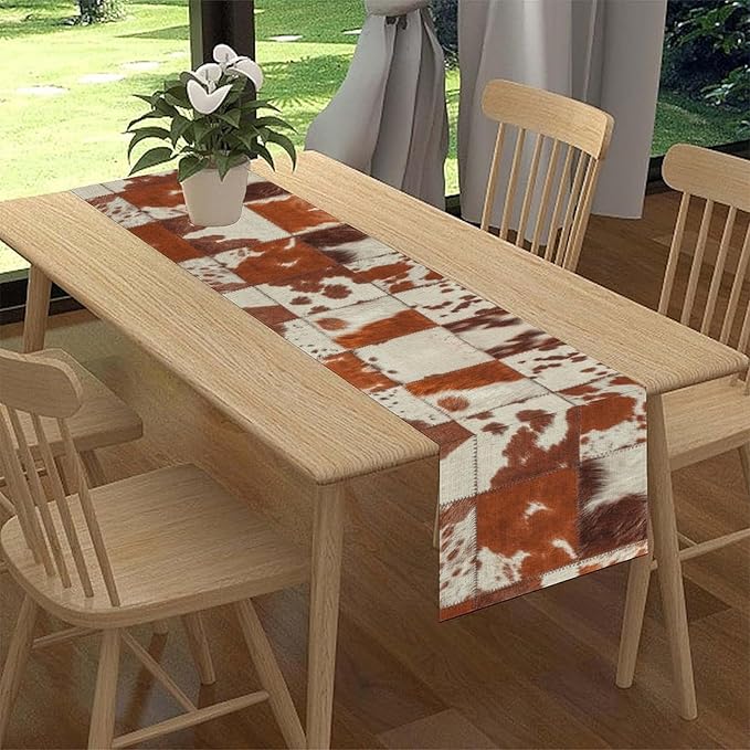Cow Print Table Runner, Brown Cowhide Print Collage Fur Western Style Table Runner Country Farmhouse Cottage Cow Pattern Linen Table Decoration for Home Kitchen Dining 13x90