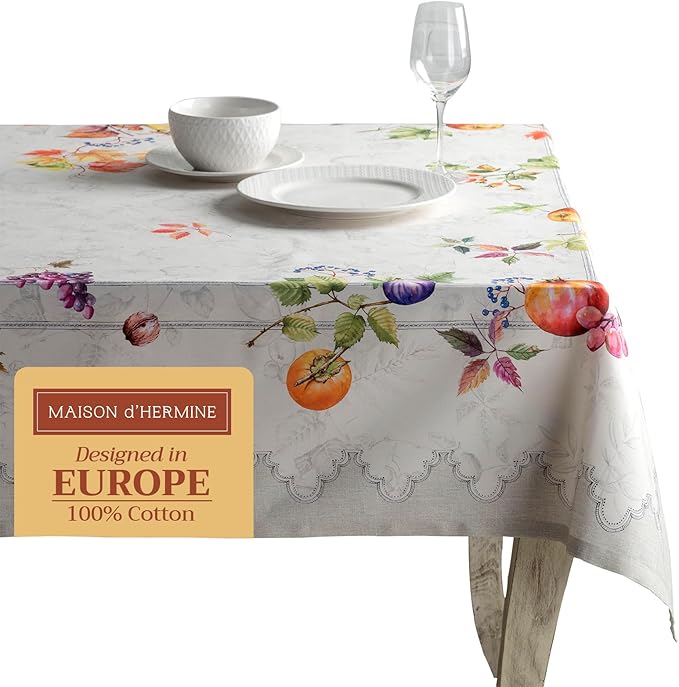 Maison d' Hermine Table Cloth Rectangle Table 100% Cotton 60 x 120 Inches Fall Tablecloth Reusable Everyday Use for Thanksgiving Christmas Decorations Dining Farmhouse Party (Fruit D'Hiver)