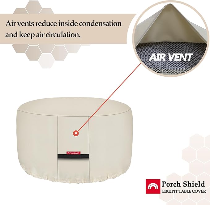 Porch Shield Fire Pit Cover - Waterproof 600D Heavy Duty Fade Resistant Round Patio Fire Bowl Cover Beige - 56 inch