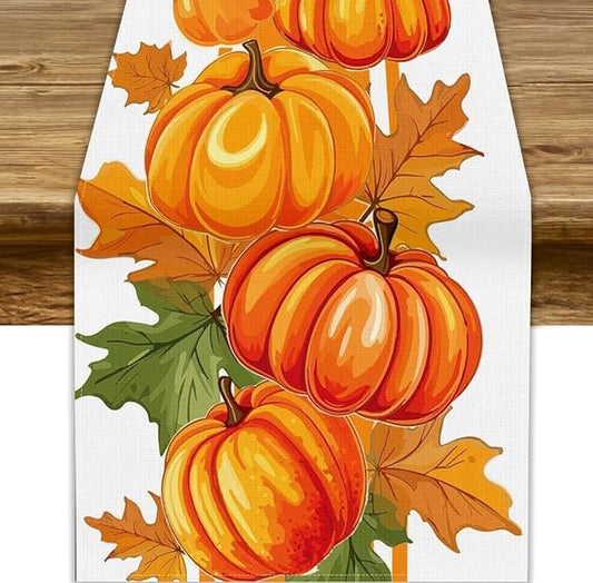 Fall Pumpkin Table Runner, Autumn Orange Maple Leaves Print Table Runner for Thanksgiving Harvest Holiday Indoor Outdoor Table Decoration, 13x36inch