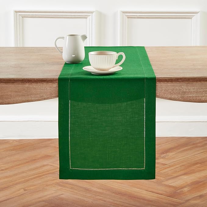 Solino Home Linen Table Runner 60 Inches - 100% Pure Linen Garden Green Hemstitch Table Runner 14 x 60 Inch Ideal for Dresser and Coffee Tables - Classic Hemstitch - Winter, St Patricks Day, Easter