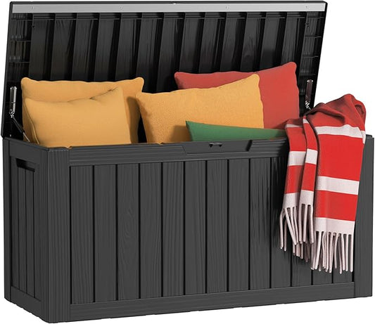 EasyUp 80 Gallon Outdoor Storage Box Waterproof, UV Resistant Resin Deck Box with Hydraulic Rod, Reinforced Stability for Patio, Garden, Striped Black