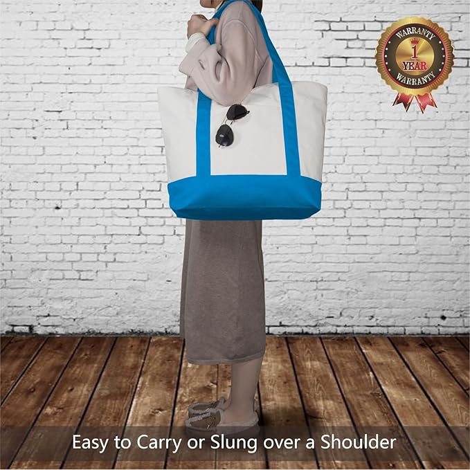 TOPDesign 6-Pack Canvas Tote Bags with an External Pocket, Reusable Grocery Shopping Bags, Top Zipper Closure, Daily Essentials (Ocean Blue/Natural)
