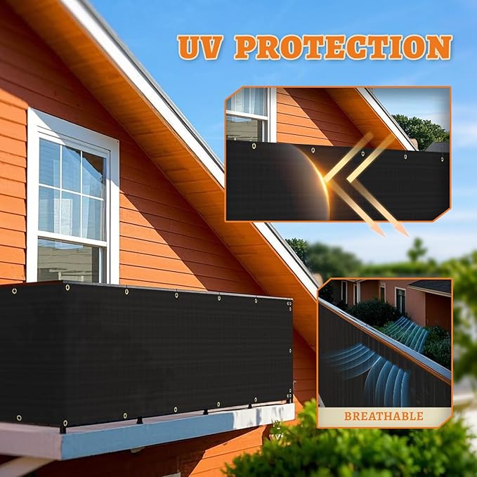 2.5' x 263' Balcony Privacy Screen Fence Cover with Zip Ties Grommets for Apartment Patio Porch Deck Backyard Outdoor (Black)