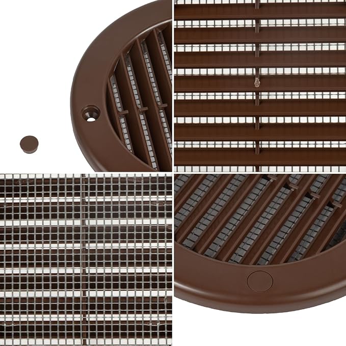 4 Inch [Opening] Brown Air Vent Cover – Pack of 5 – Plastic Round Air Vent Grill Cover for Wall or Ceiling, Built-in Mesh Screen/HVAC Return Air Register – Modern Louvered Design
