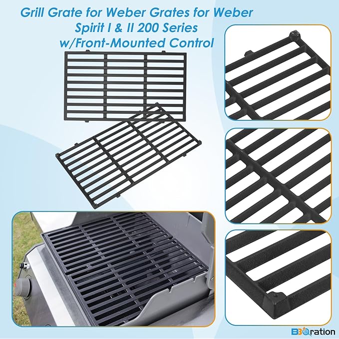7637 17.5" Grill Grates Replacement for Weber Spirit I & II 200 Series, for Weber Spirit Grill Grates, Spirit 210, GS4 Spirit II 200 for Weber Spirit II Grill Parts, Cast Iron Grill Grates