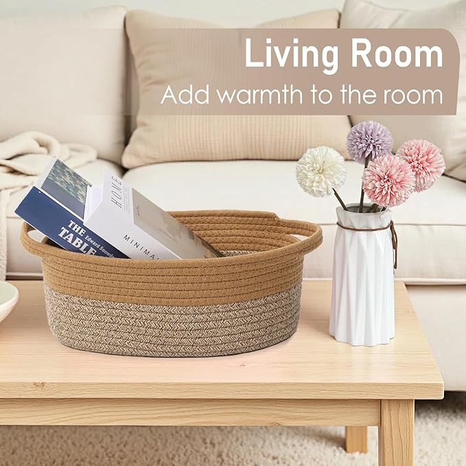 Woven Basket,Small Rope Storage Bin with Handles & Ribbon Bag, Organizer for Shelves Closets,Gift Basket Empty for Birthday,Books,Dog Toys, Jute&Brown