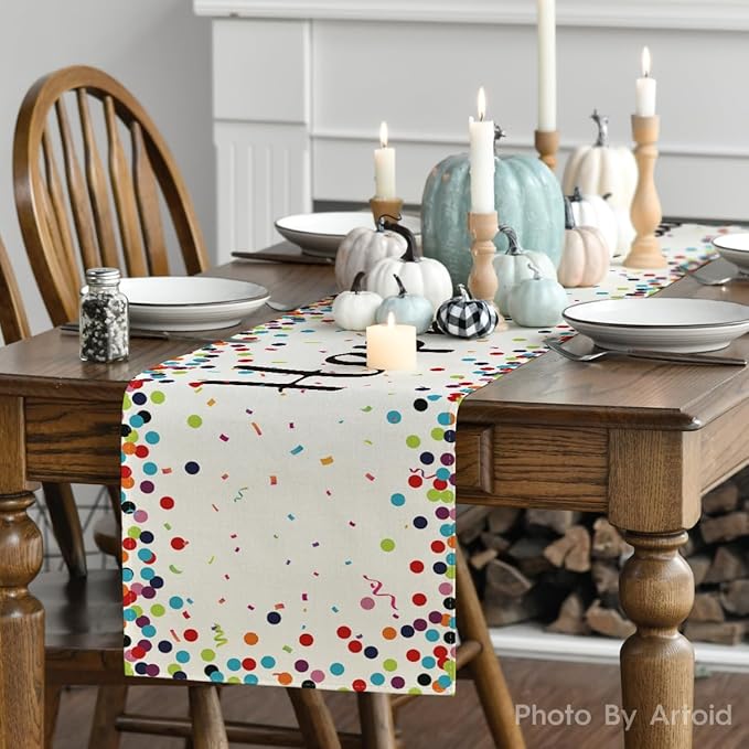Artoid Mode Polka Dot Beige Happy Birthday Table Runner, Seasonal Kitchen Dining Table Decoration for Home Party Decor 13x48 Inch