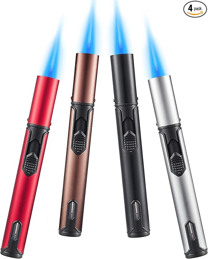 Urgrette 4 Pack Butane Torch Lighters, 6-inch Refillable Pen Lighter Adjustable Jet Flame Butane Lighter for Grill BBQ Camping (Gas Not Included)