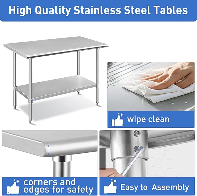 ROCKPOINT Stainless Steel Table for Prep & Work 24x60 Inches, NSF Metal Commercial Kitchen Heavy Duty Table with Adjustable Under Shelf and Table Foot for Restaurant, Home and Hotel