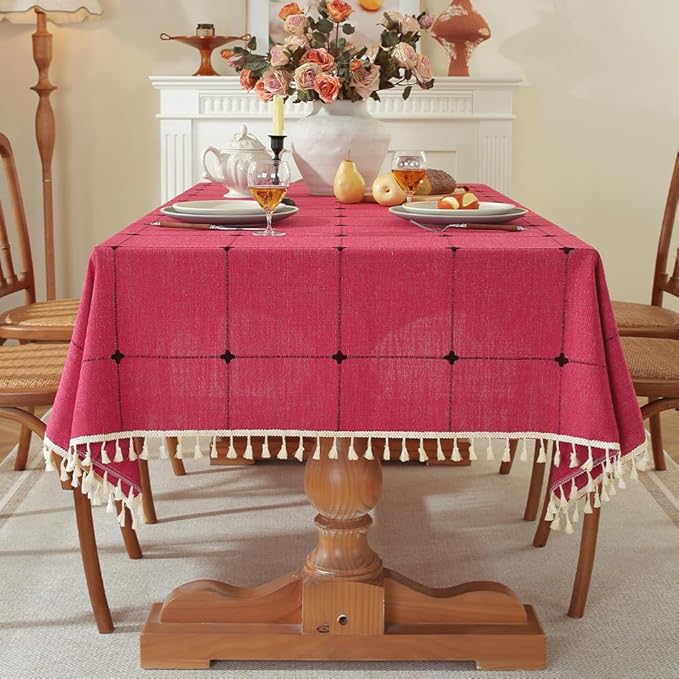 Pahajim Rustic Linen Tablecloth Cotton Rectangle Table Cloth for Kitchen Dining with Tassel Plaid Waterproof Tablecloths Rectangle/Oblong,55''x87'', 6-8 Seats