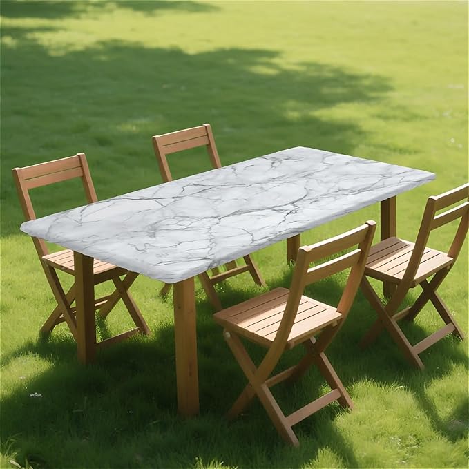 Rectangle Table Cloth Cover Waterproof Elastic Fitted Polyester Fitted Tablecloths for 6 Foot Tables for Indoor,Picnic, Camping, Outdoor （60" x 30"，Marble）