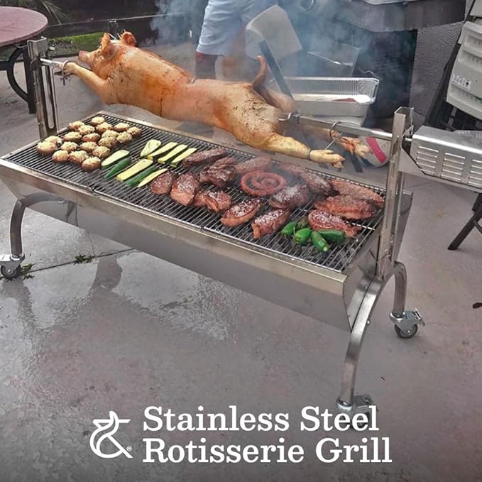 Ash & Ember 25W Stainless Steel BBQ Rotisserie Grill, 4 RPM Rotation Speed, Rated 125 LB for Large Game, Portable Electric Outdoor Roaster with Dual Prongs, Single Leg Bracket, and Spine Fork